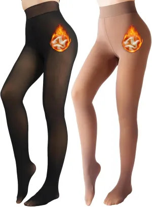 2 Pack Fleece Lined Tights Sheer Winter - Fake Translucent Tights Winter Thick Warm Pantyhose Sheer Women Leggings