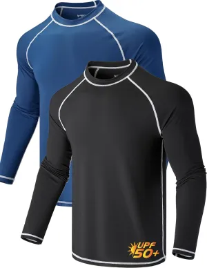 2 Pack Men's Sun Protection Long Sleeve Swim Shirts UPF 50  Loose Fit Rash Guards Fishing Quick Dry Clothing