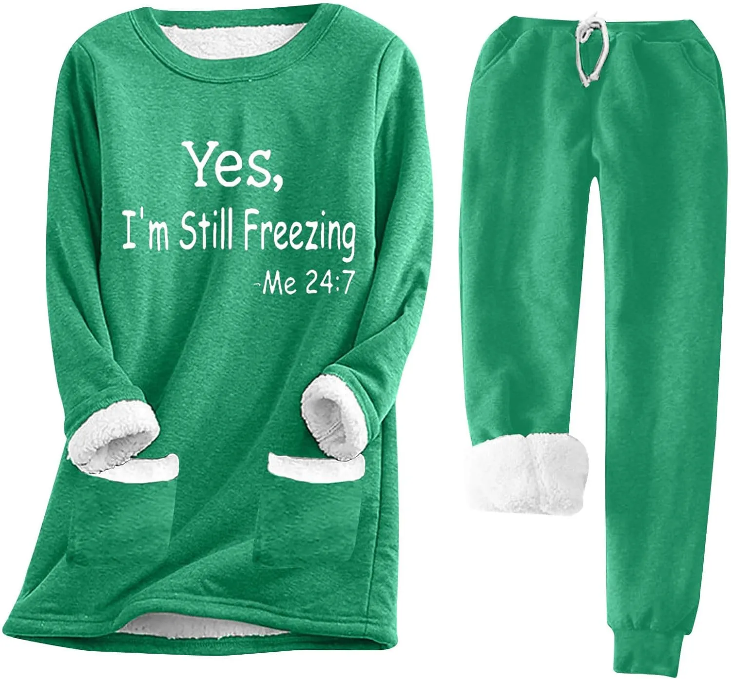 2 PCS Outfits Womens Fleece Sherpa Lined Sweatsuits Funny Long Sleeve Tops and Sweat Pants Winter Warm Tracksuit Set