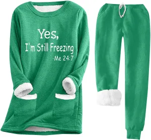 2 PCS Outfits Womens Fleece Sherpa Lined Sweatsuits Funny Long Sleeve Tops and Sweat Pants Winter Warm Tracksuit Set