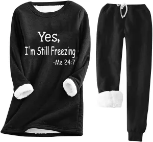 2 PCS Outfits Womens Fleece Sherpa Lined Sweatsuits Funny Long Sleeve Tops and Sweat Pants Winter Warm Tracksuit Set