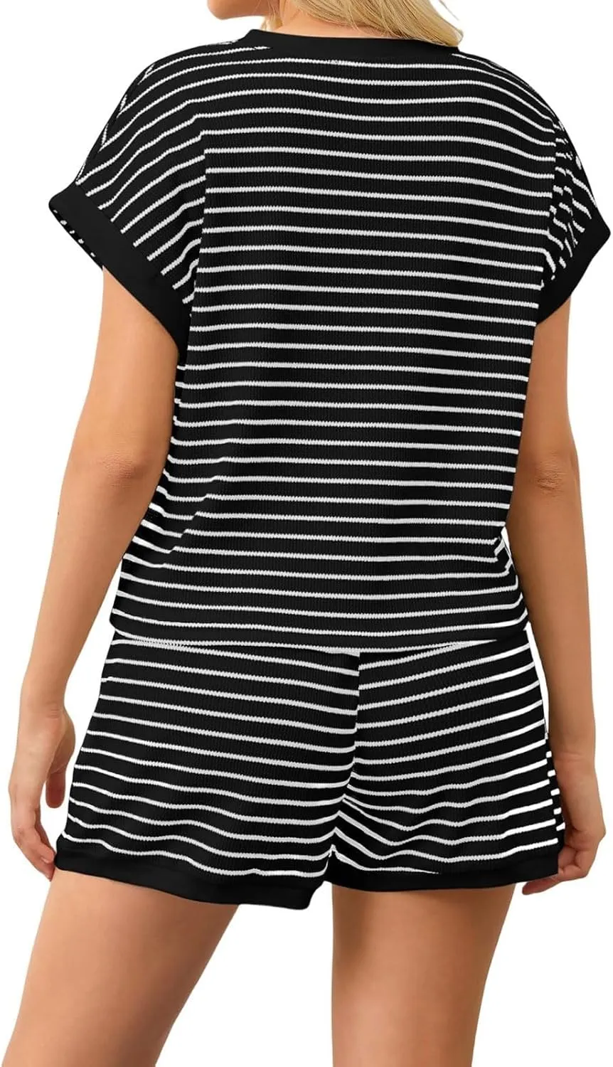 2 Piece Lounge Set Women Stripe Knit Short Sleeve Tee Shirts Shorts Casual Summer Loungewear Shorts Sets