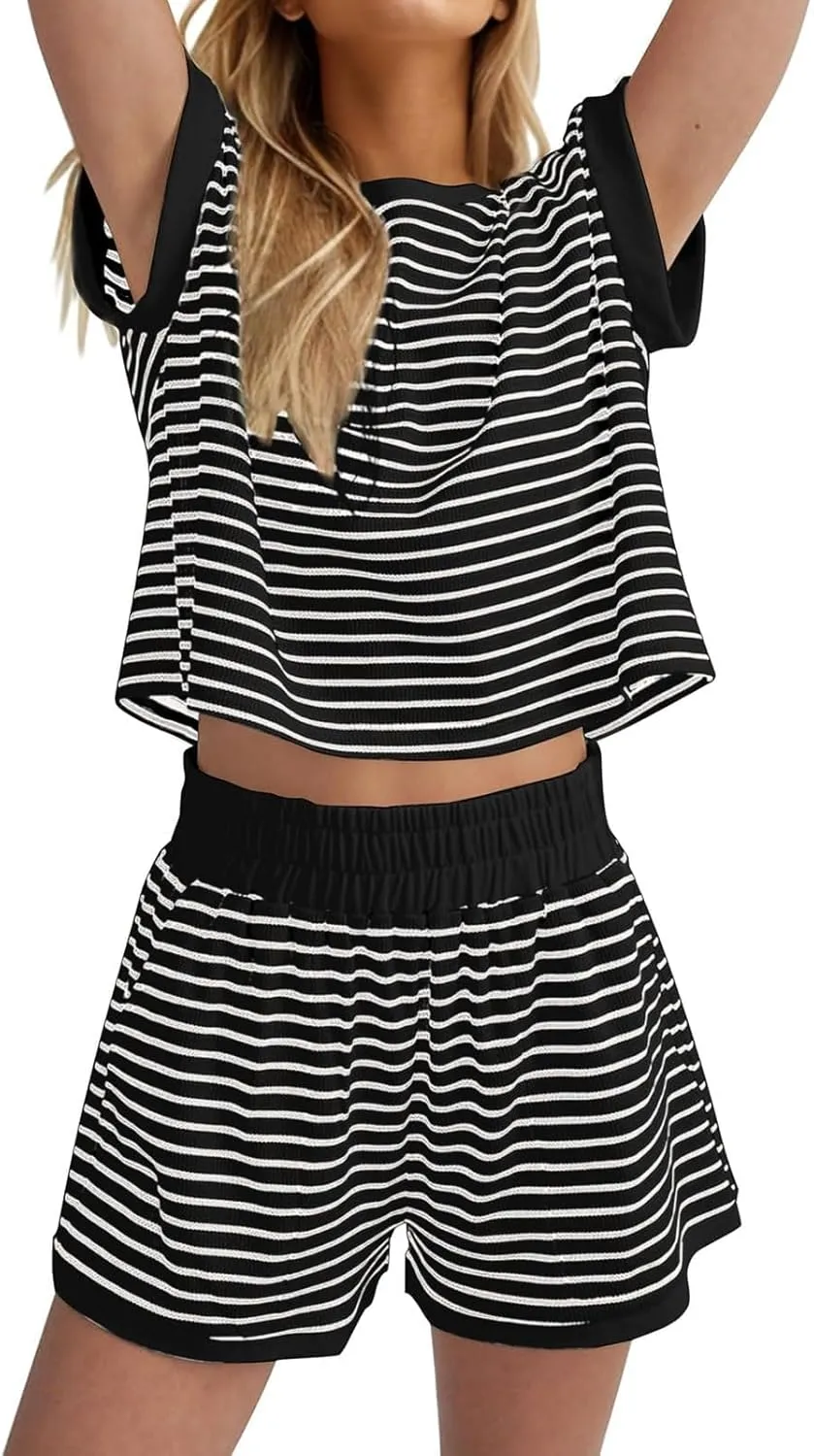 2 Piece Lounge Set Women Stripe Knit Short Sleeve Tee Shirts Shorts Casual Summer Loungewear Shorts Sets