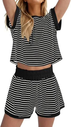 2 Piece Lounge Set Women Stripe Knit Short Sleeve Tee Shirts Shorts Casual Summer Loungewear Shorts Sets