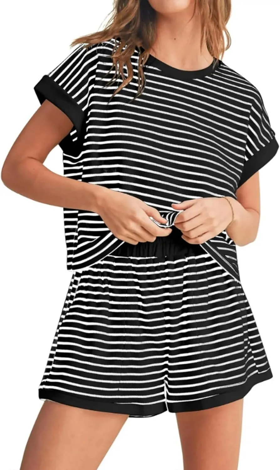 2 Piece Lounge Set Women Stripe Knit Short Sleeve Tee Shirts Shorts Casual Summer Loungewear Shorts Sets