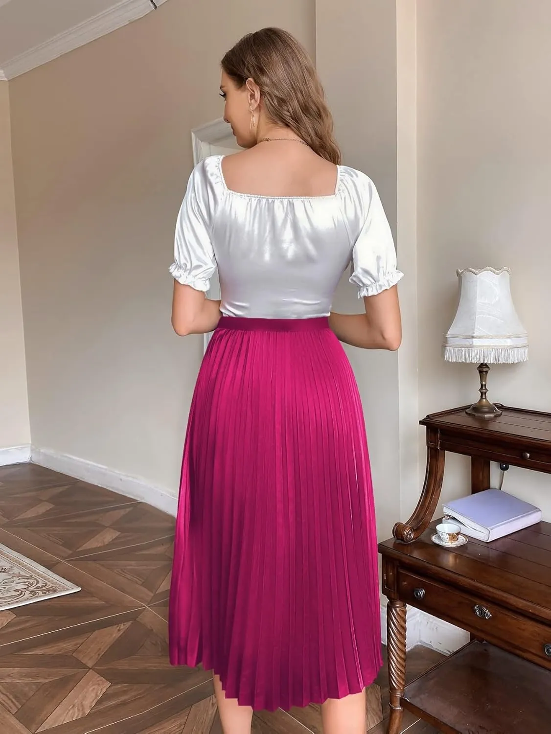 2023 Summer Spring Women's Casual Skirts Solid Pleated Midi Skirt High Waist
