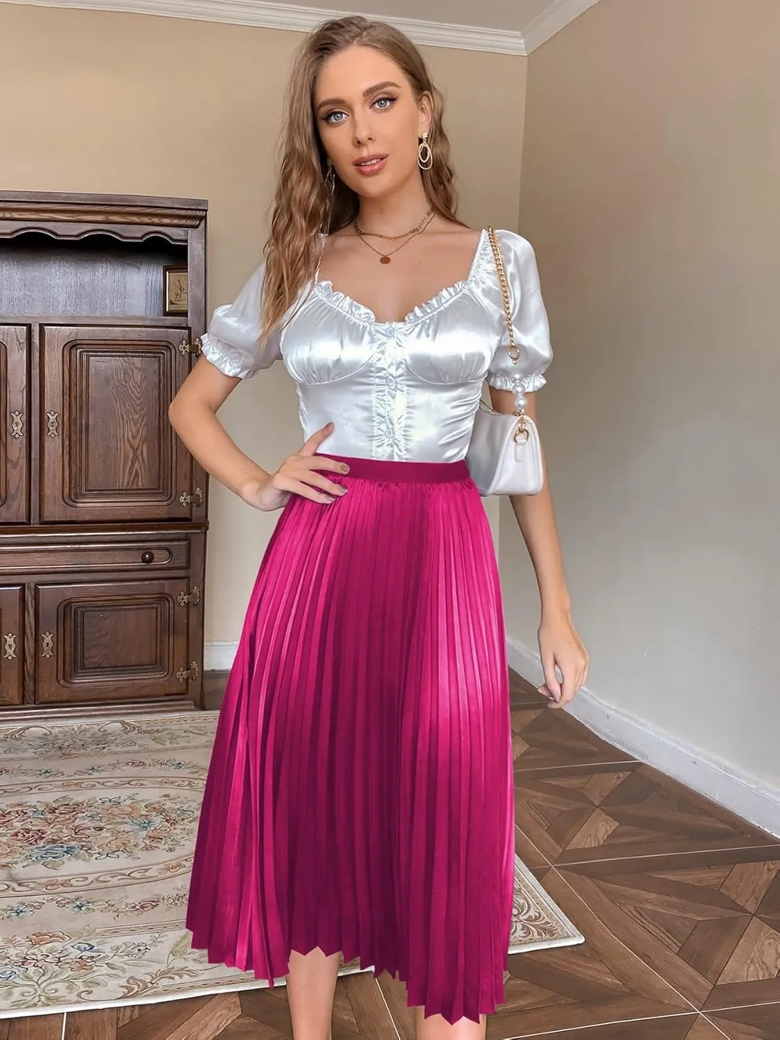 2023 Summer Spring Women's Casual Skirts Solid Pleated Midi Skirt High Waist