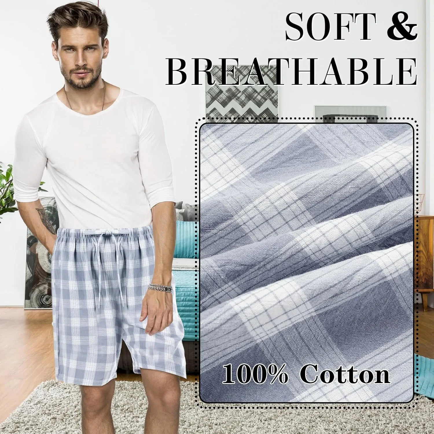 3 Pack Men Cotton Pajama Shorts Woven Sleep Pajama Lounge Sleep Shorts with Drawstring Pockets