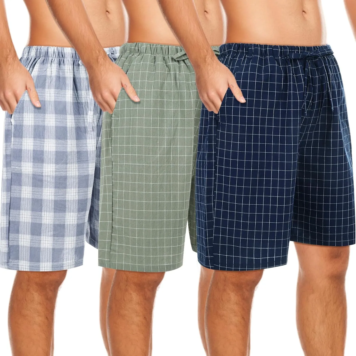 3 Pack Men Cotton Pajama Shorts Woven Sleep Pajama Lounge Sleep Shorts with Drawstring Pockets