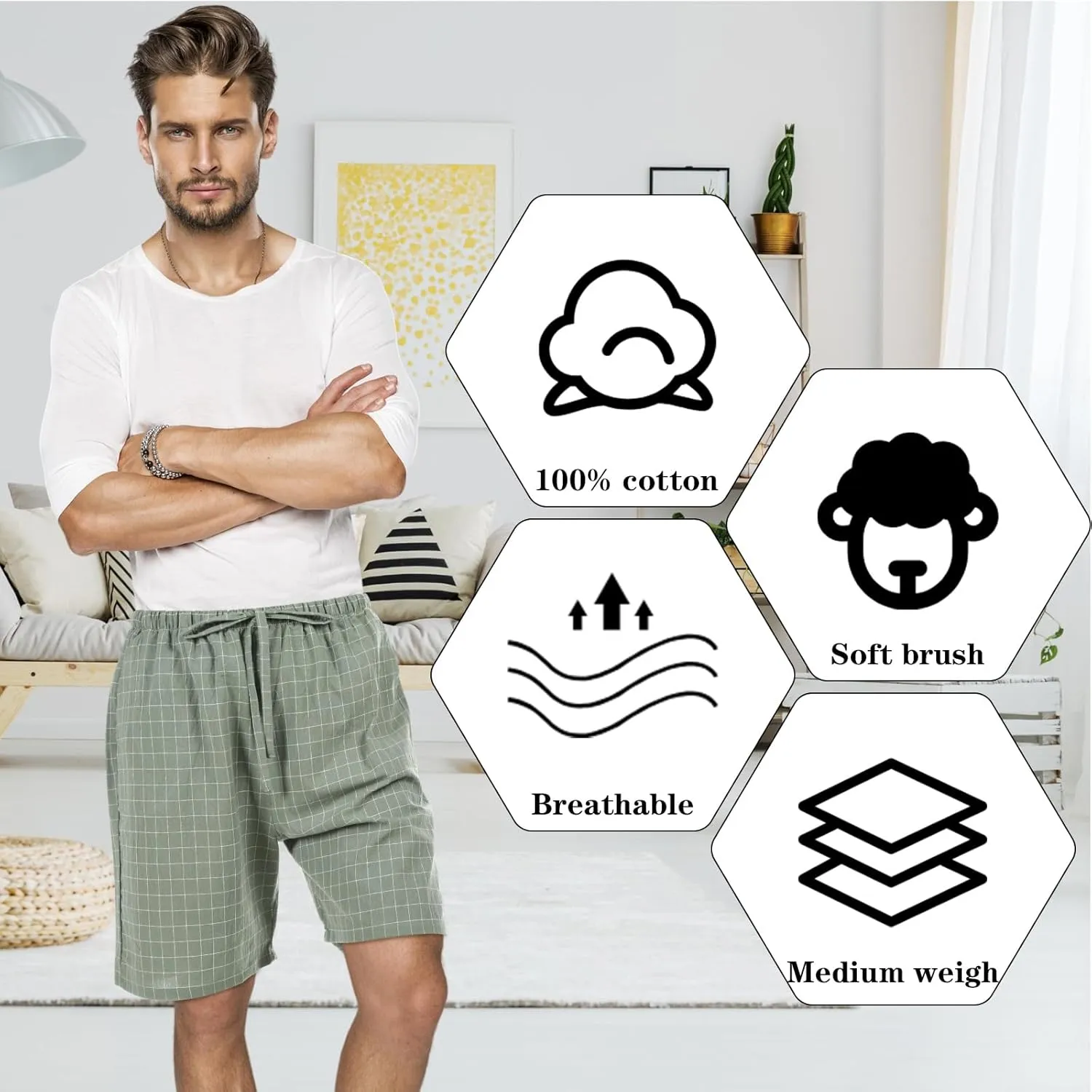 3 Pack Men Cotton Pajama Shorts Woven Sleep Pajama Lounge Sleep Shorts with Drawstring Pockets