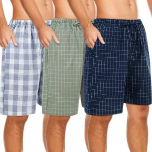 3 Pack Men Cotton Pajama Shorts Woven Sleep Pajama Lounge Sleep Shorts with Drawstring Pockets