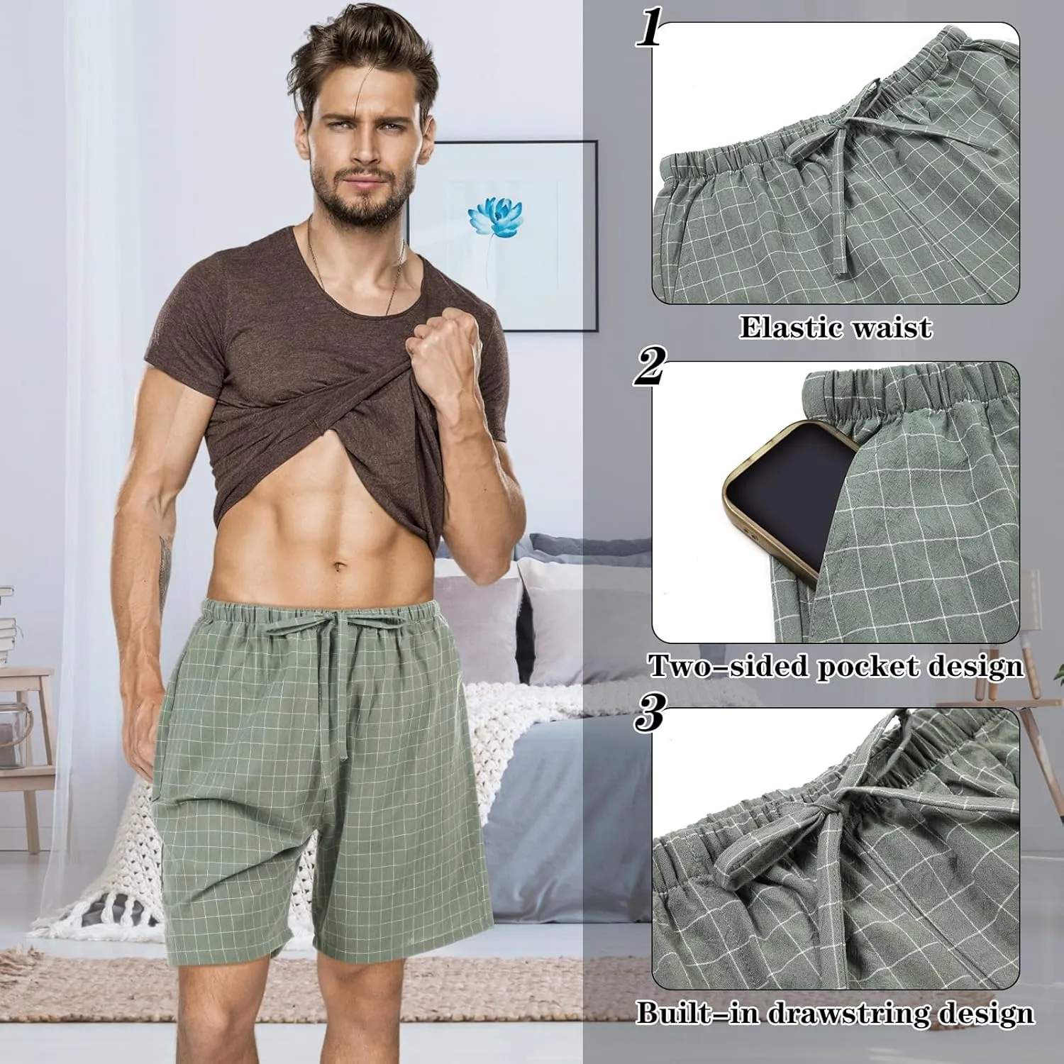 3 Pack Men Cotton Pajama Shorts Woven Sleep Pajama Lounge Sleep Shorts with Drawstring Pockets
