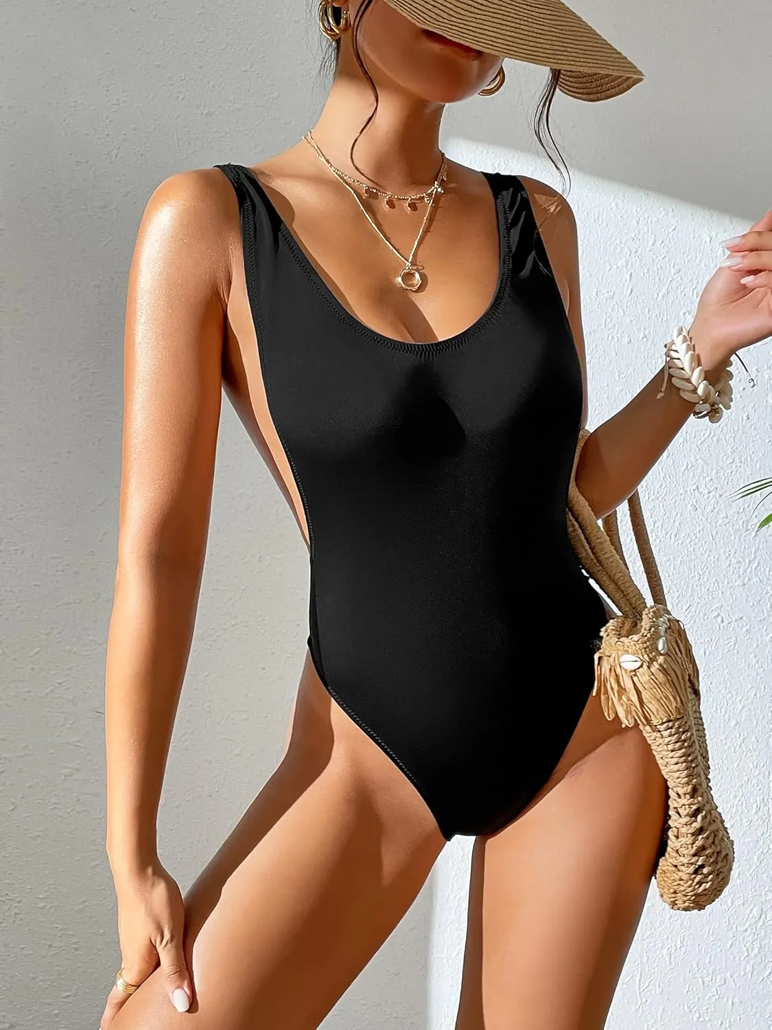 90s Trend One Piece Swimsuit Low Cut Sides Wide Straps High Legs for Women
