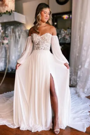 A-Line Sweetheart Long Sleeve Split Front Stain Wedding Dresses with Lace