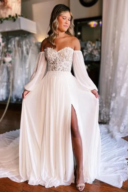 A-Line Sweetheart Long Sleeve Split Front Stain Wedding Dresses with Lace