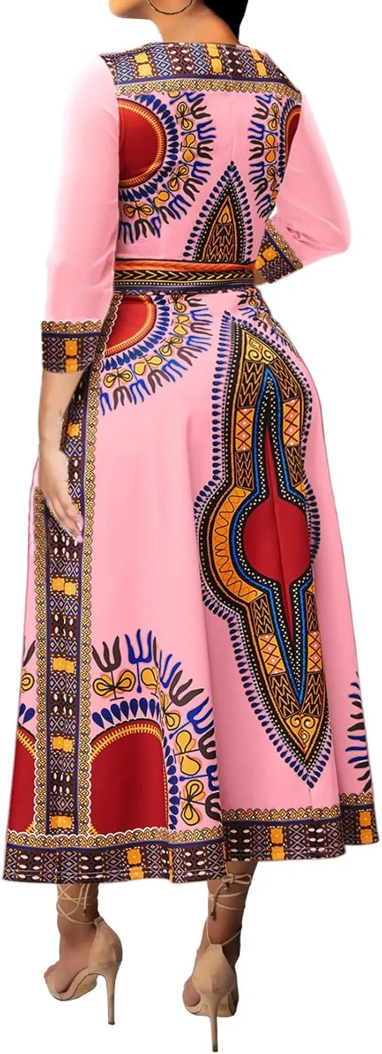 African Dresses for Women Elegant V Neck 3/4 Sleeve Casual Long Maxi African Attire Dress