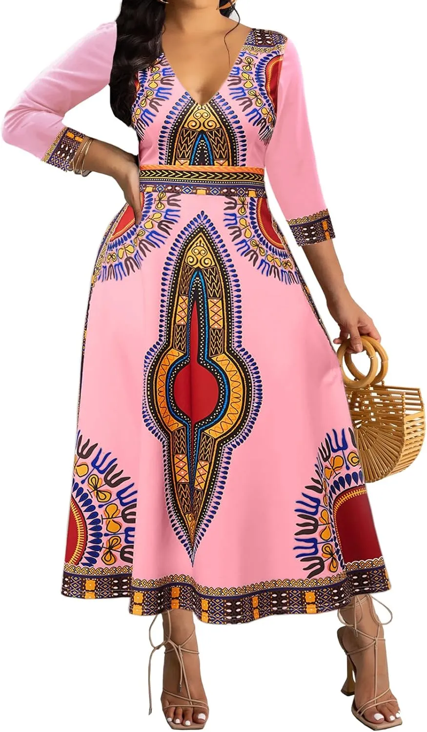 African Dresses for Women Elegant V Neck 3/4 Sleeve Casual Long Maxi African Attire Dress