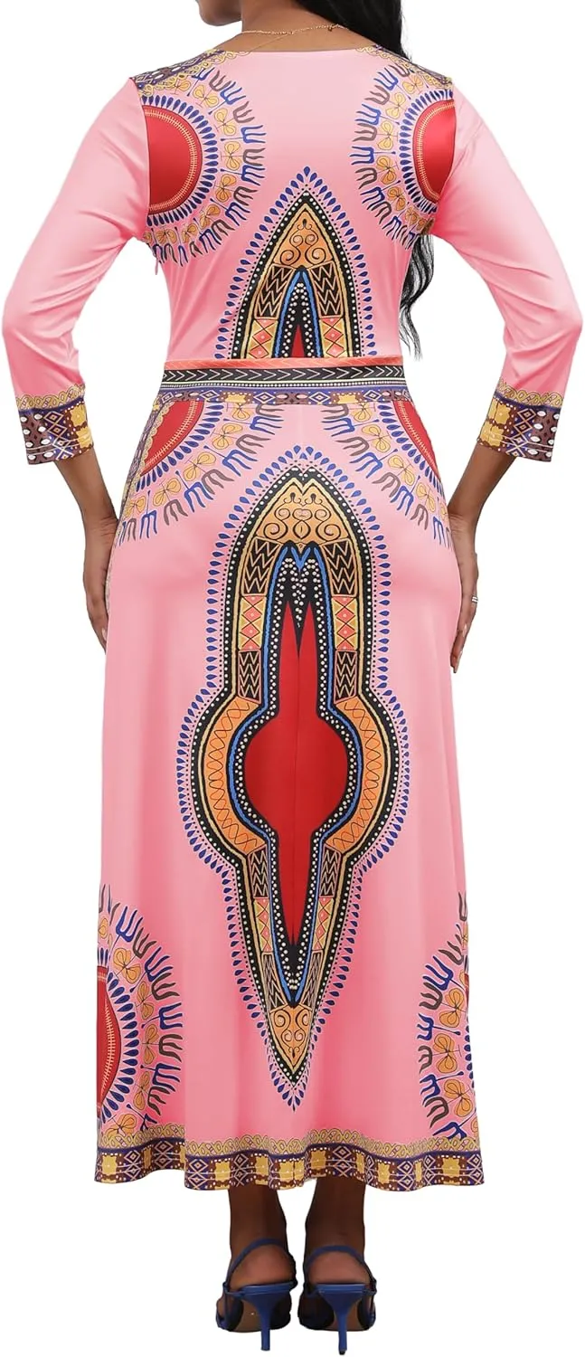 African Dresses for Women Elegant V Neck 3/4 Sleeve Casual Long Maxi African Attire Dress