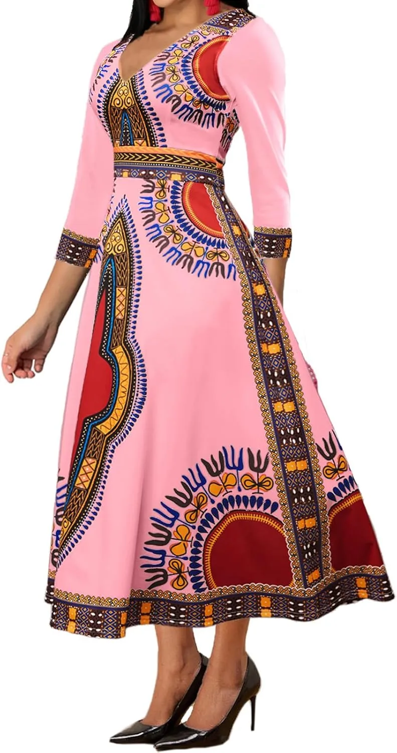 African Dresses for Women Elegant V Neck 3/4 Sleeve Casual Long Maxi African Attire Dress