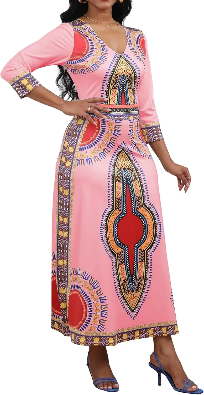 African Dresses for Women Elegant V Neck 3/4 Sleeve Casual Long Maxi African Attire Dress