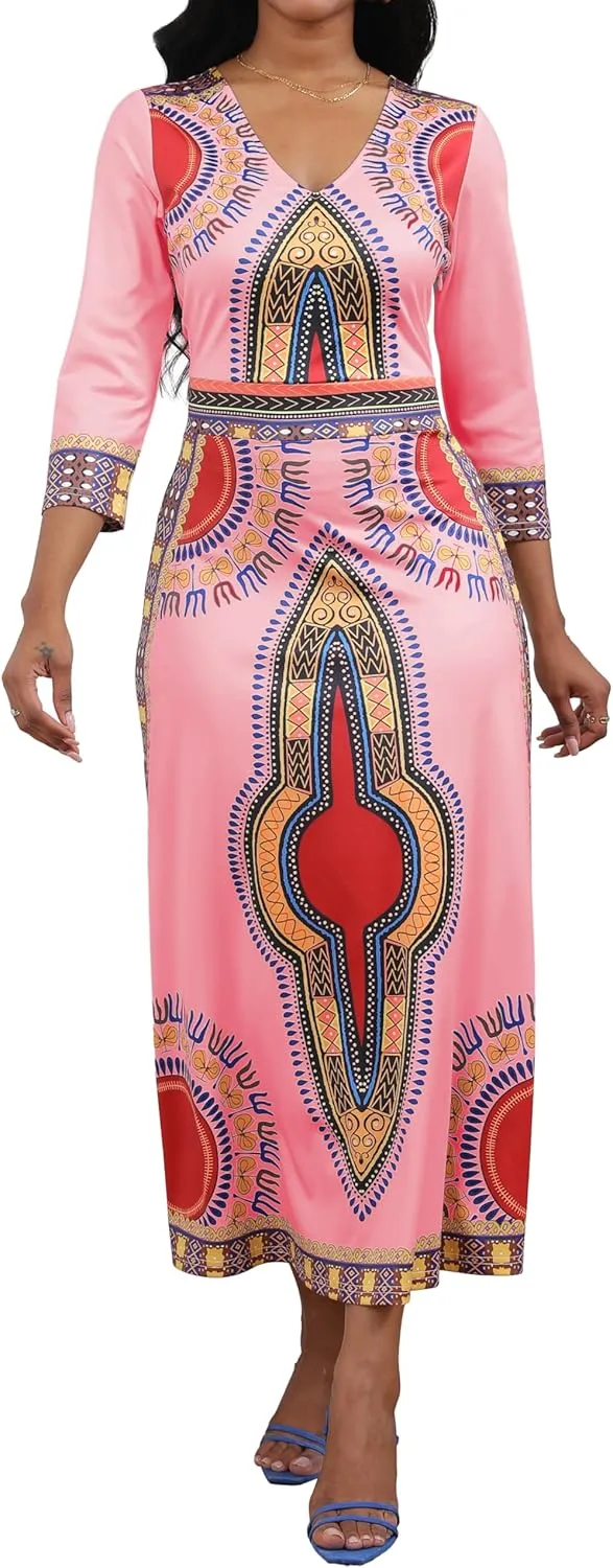 African Dresses for Women Elegant V Neck 3/4 Sleeve Casual Long Maxi African Attire Dress