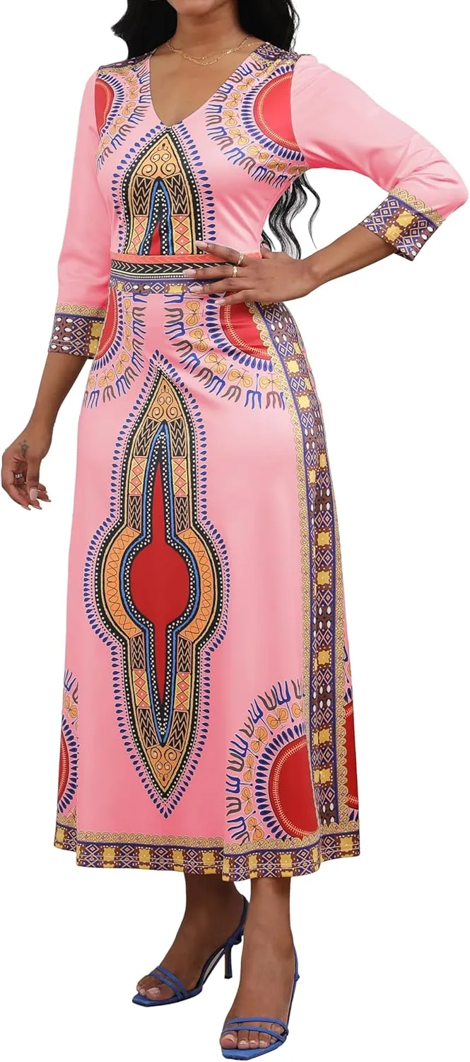 African Dresses for Women Elegant V Neck 3/4 Sleeve Casual Long Maxi African Attire Dress