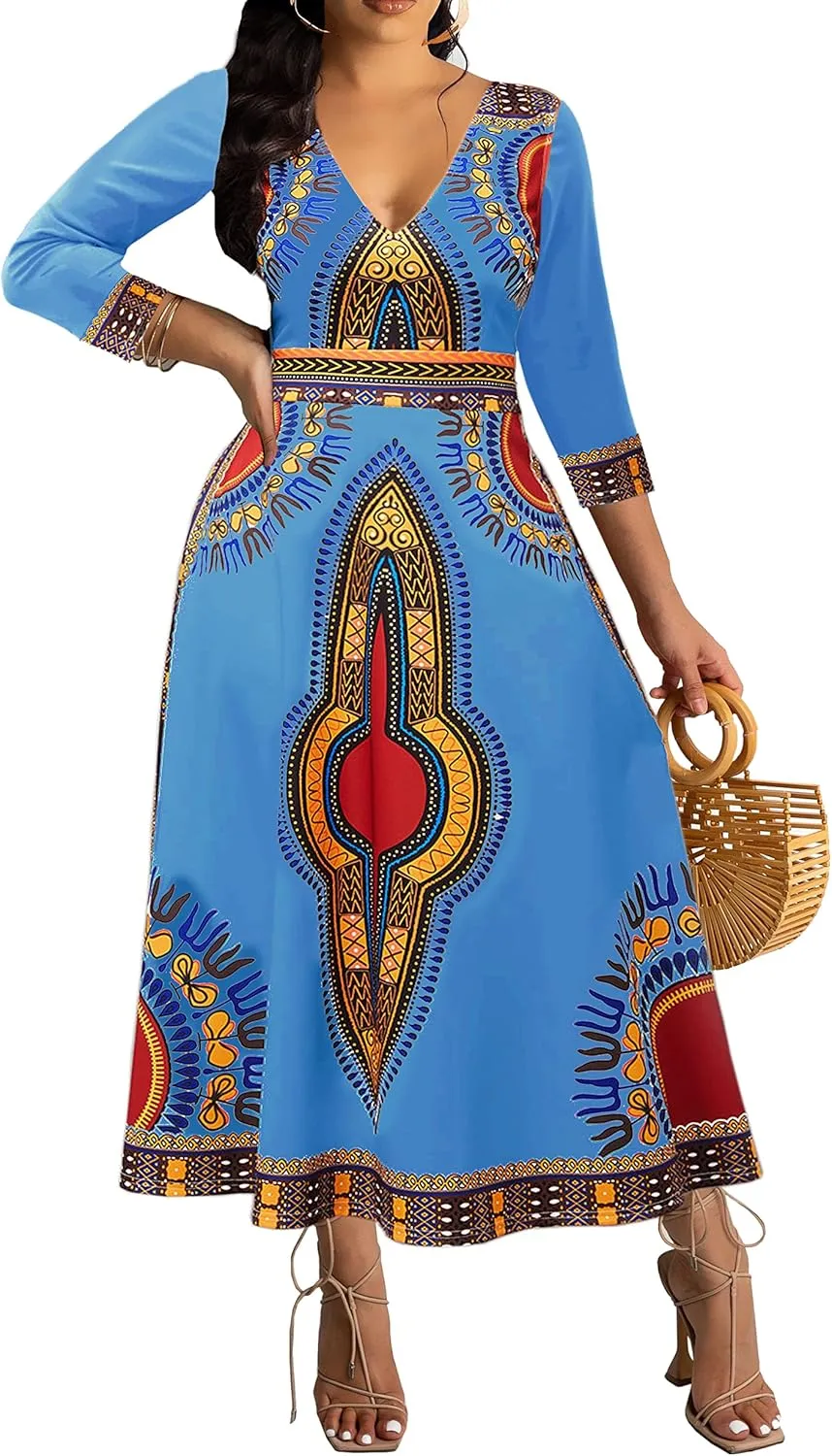 African Long Dresses for Women Elegant Church Dresses Print Maxi Dress High Waist Cocktail Bohemian Vintage Party Outfits