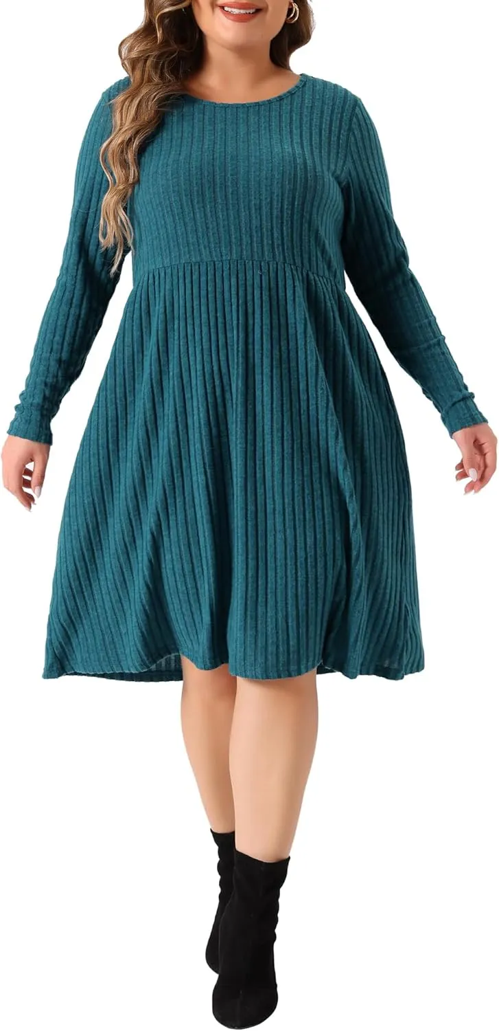 Agnes Orinda Plus Size Dresses for Women Round Neck Long Sleeve Elegant Ribbed Midi Knit Sweater Dress
