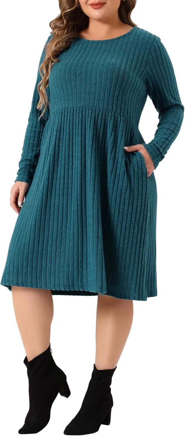 Agnes Orinda Plus Size Dresses for Women Round Neck Long Sleeve Elegant Ribbed Midi Knit Sweater Dress