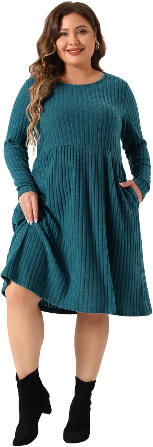 Agnes Orinda Plus Size Dresses for Women Round Neck Long Sleeve Elegant Ribbed Midi Knit Sweater Dress