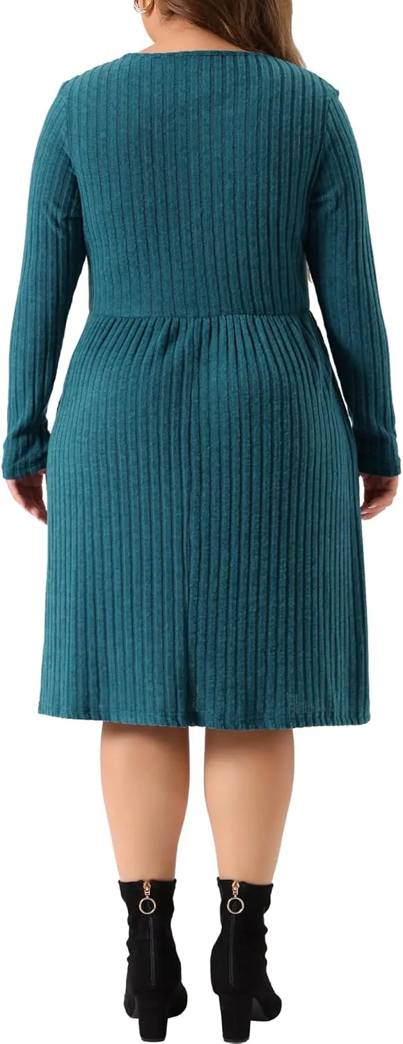 Agnes Orinda Plus Size Dresses for Women Round Neck Long Sleeve Elegant Ribbed Midi Knit Sweater Dress