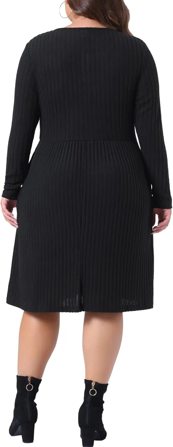 Agnes Orinda Plus Size Dresses for Women Round Neck Long Sleeve Elegant Ribbed Midi Knit Sweater Dress