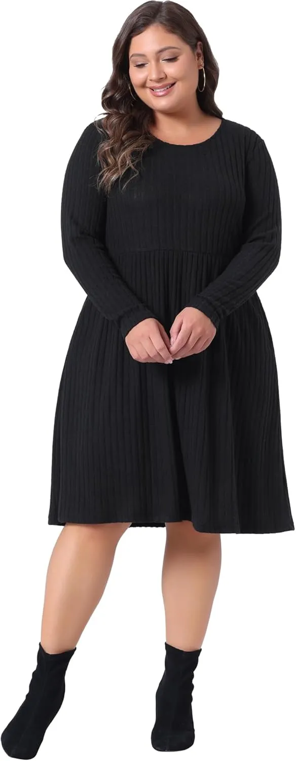 Agnes Orinda Plus Size Dresses for Women Round Neck Long Sleeve Elegant Ribbed Midi Knit Sweater Dress