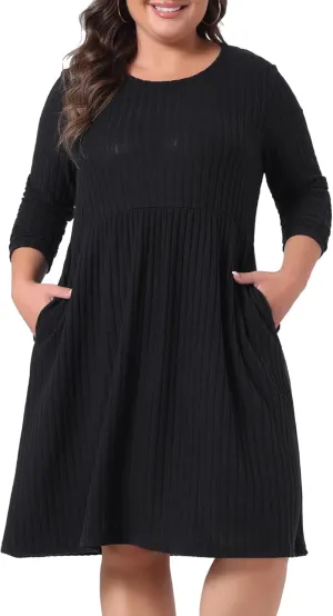 Agnes Orinda Plus Size Dresses for Women Round Neck Long Sleeve Elegant Ribbed Midi Knit Sweater Dress
