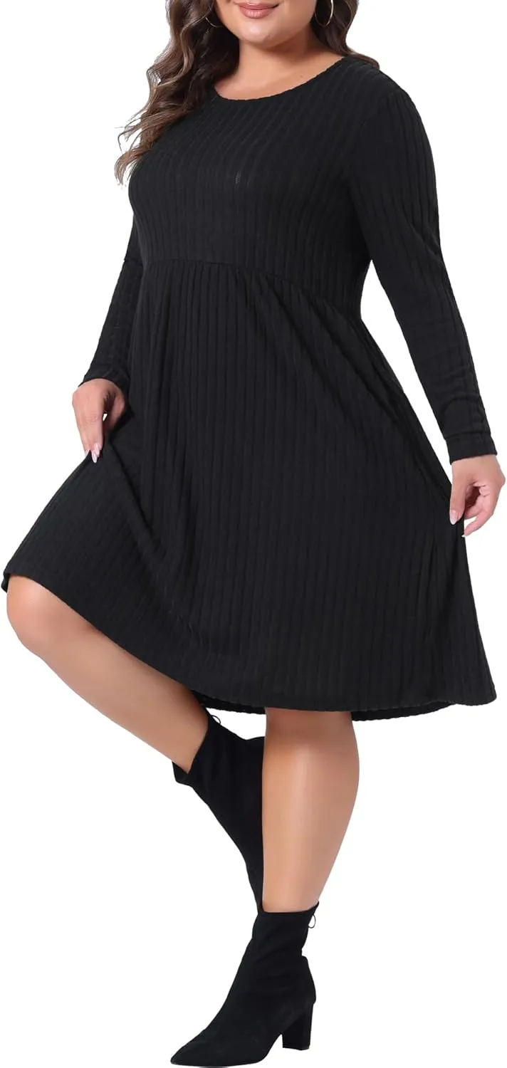 Agnes Orinda Plus Size Dresses for Women Round Neck Long Sleeve Elegant Ribbed Midi Knit Sweater Dress