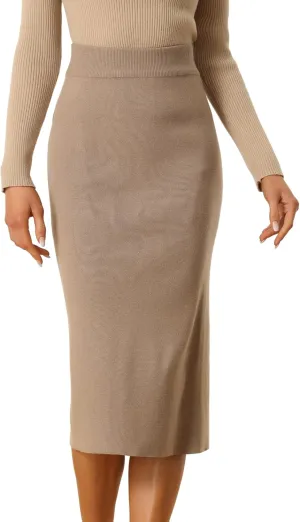 Allegra K Women's Sweater Skirts Ribbed Knit Elastic High Waist Stretchy Slit Casual Office Pencil Midi Skirt