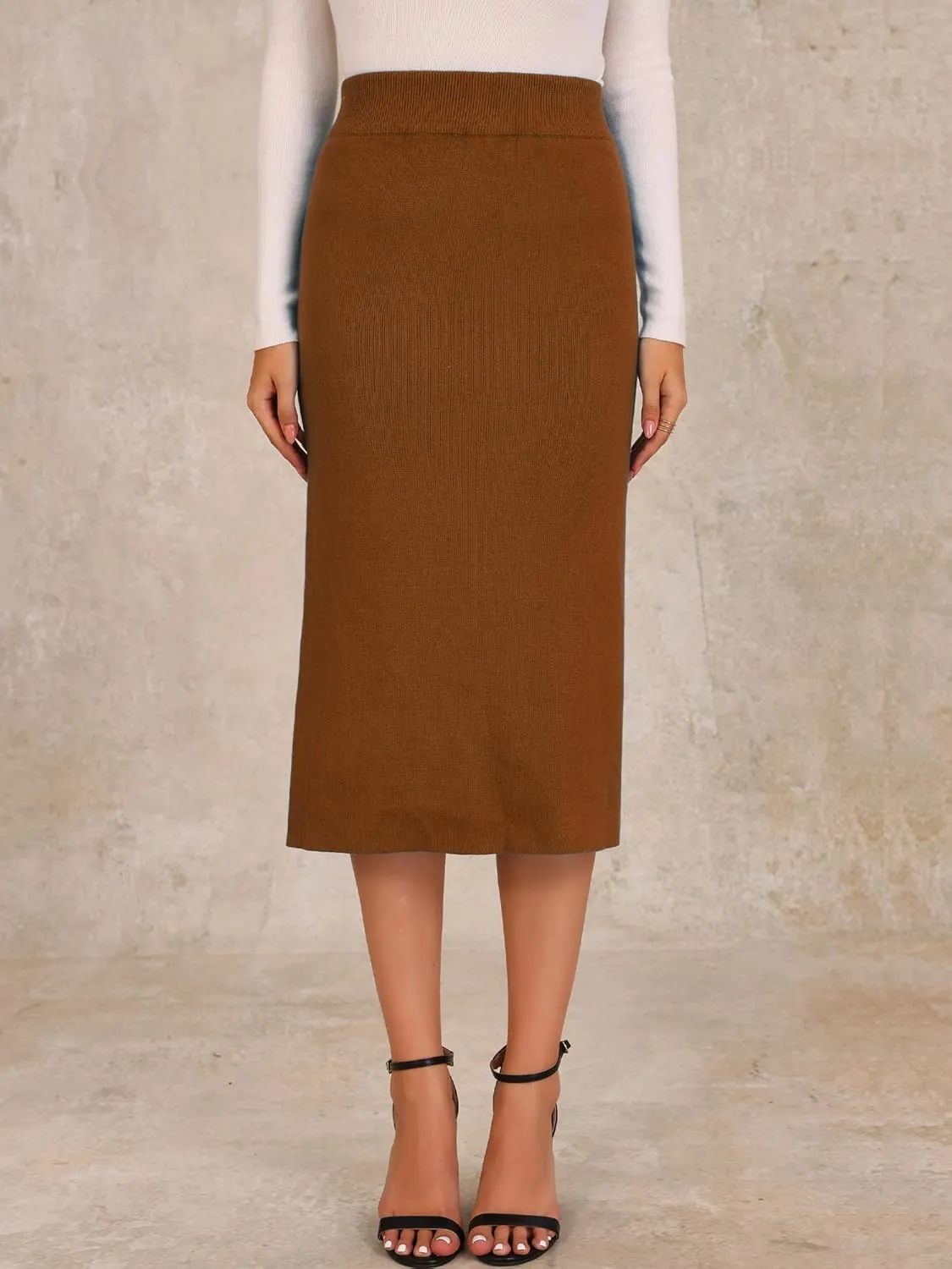 Allegra K Women's Sweater Skirts Ribbed Knit Elastic High Waist Stretchy Slit Casual Office Pencil Midi Skirt
