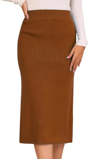 Allegra K Women's Sweater Skirts Ribbed Knit Elastic High Waist Stretchy Slit Casual Office Pencil Midi Skirt