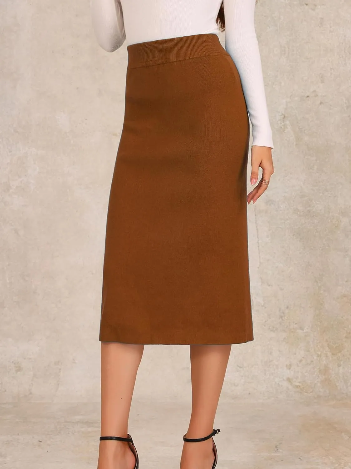 Allegra K Women's Sweater Skirts Ribbed Knit Elastic High Waist Stretchy Slit Casual Office Pencil Midi Skirt