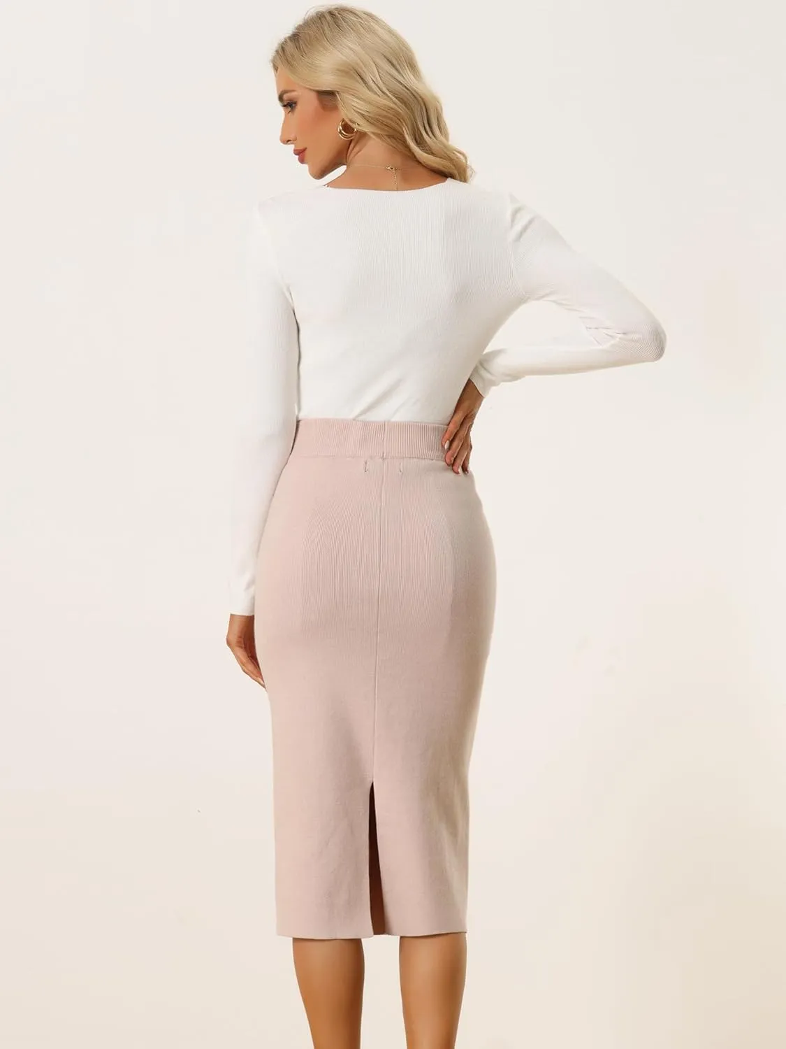 Allegra K Women's Sweater Skirts Ribbed Knit Elastic High Waist Stretchy Slit Casual Office Pencil Midi Skirt