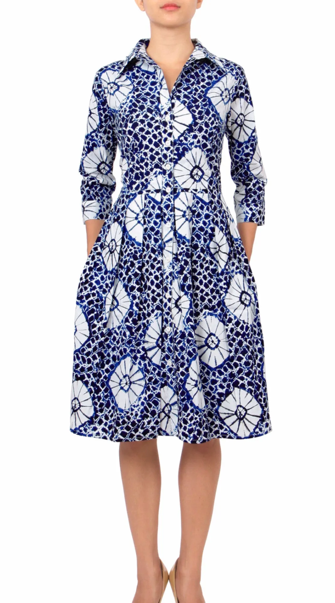 Audrey Dress Shirt Collar 3/4 Sleeve Regular Cotton Stretch (Itajime Shibori)