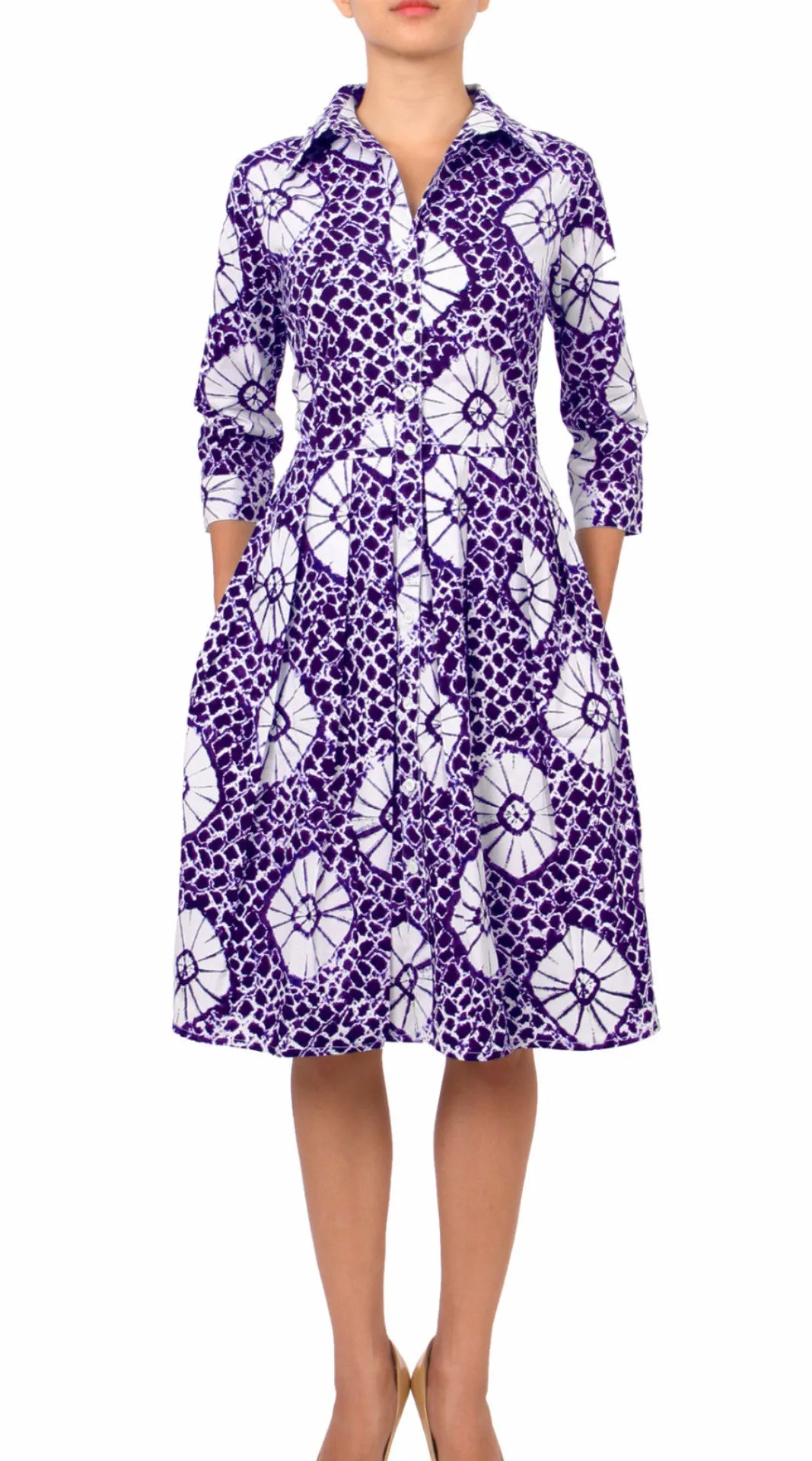 Audrey Dress Shirt Collar 3/4 Sleeve Regular Cotton Stretch (Itajime Shibori)