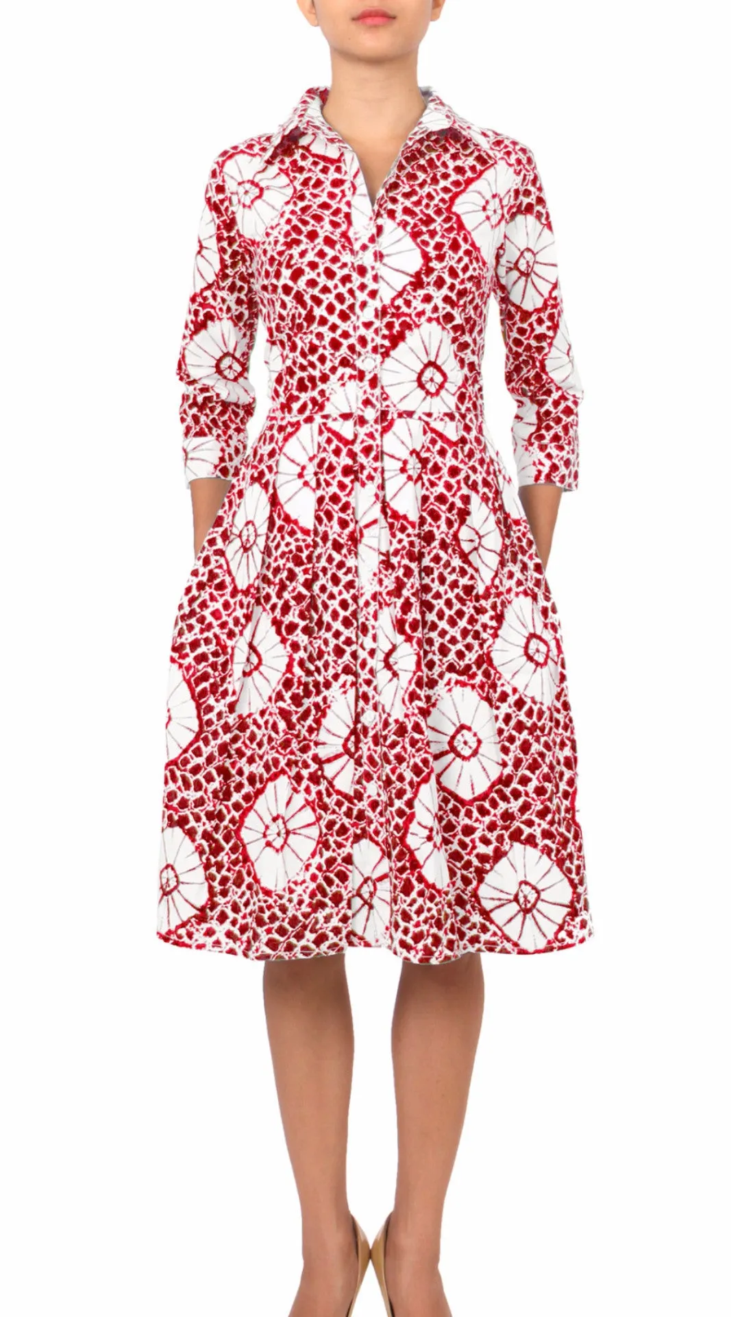 Audrey Dress Shirt Collar 3/4 Sleeve Regular Cotton Stretch (Itajime Shibori)