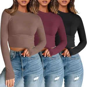 AUTOMET 3 Pack Womens Long Sleeve Shirts Y2K Going Out Crop Tops Cute Basic Slim Fitted Fall Fashion Outfits 2025 Clothes