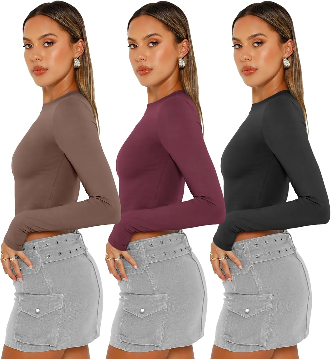 AUTOMET 3 Pack Womens Long Sleeve Shirts Y2K Going Out Crop Tops Cute Basic Slim Fitted Fall Fashion Outfits 2025 Clothes