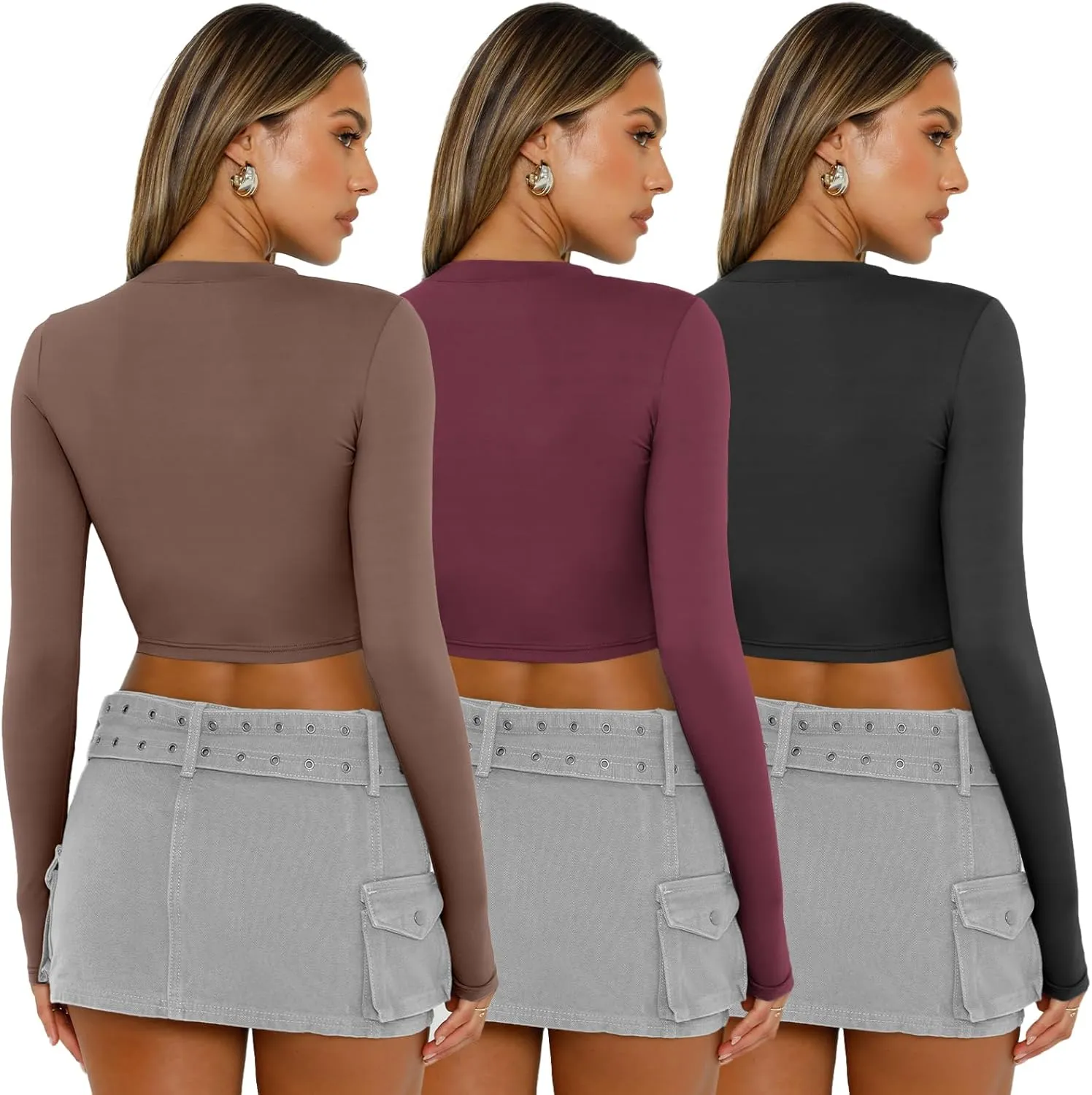 AUTOMET 3 Pack Womens Long Sleeve Shirts Y2K Going Out Crop Tops Cute Basic Slim Fitted Fall Fashion Outfits 2025 Clothes