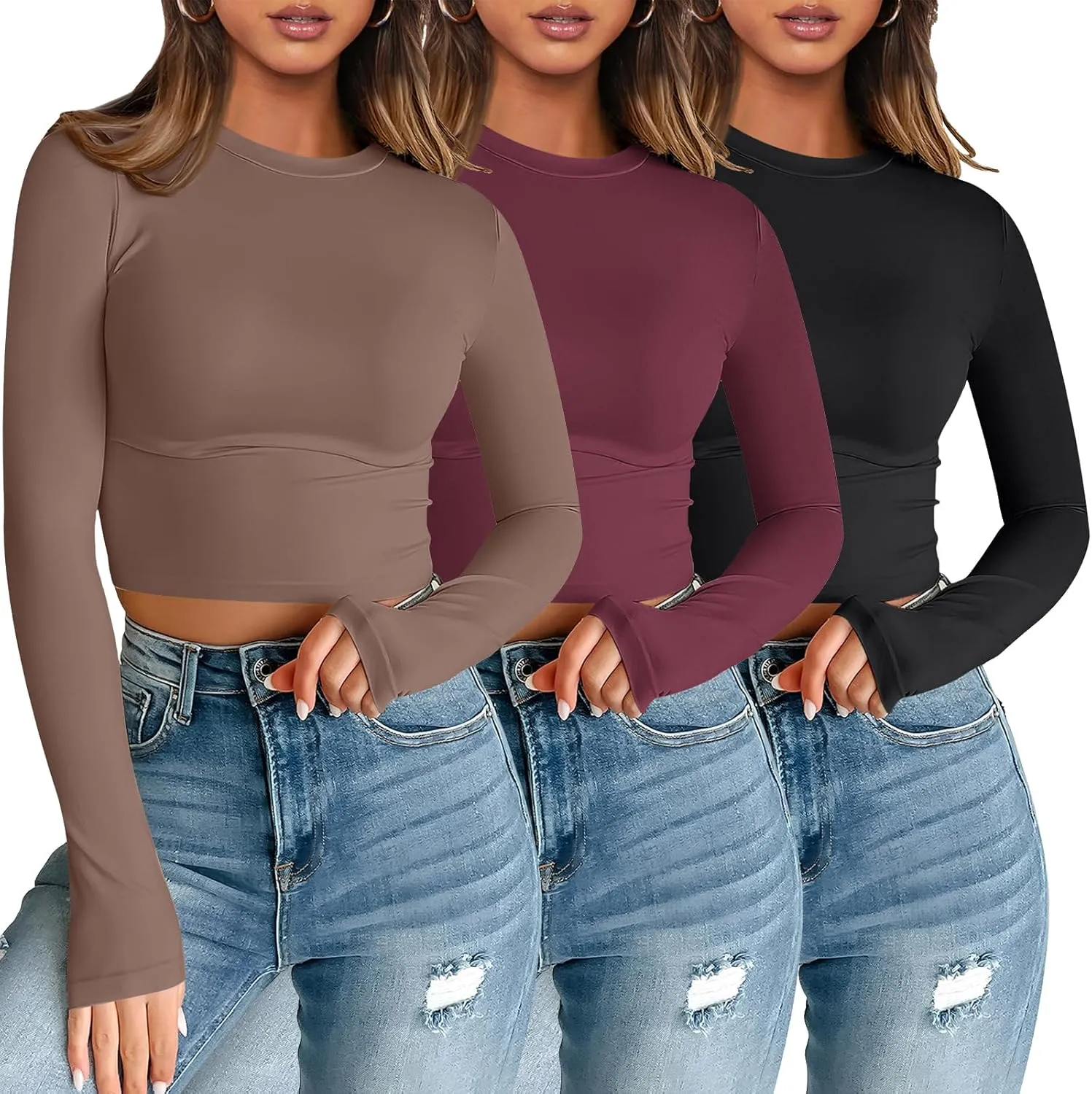 AUTOMET 3 Pack Womens Long Sleeve Shirts Y2K Going Out Crop Tops Cute Basic Slim Fitted Fall Fashion Outfits 2025 Clothes