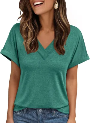 AUTOMET Womens Tops Short Sleeve T Shirt Summer V Neck Casual Top 2025 Spring Cute Basic Trendy Outfits Fashion