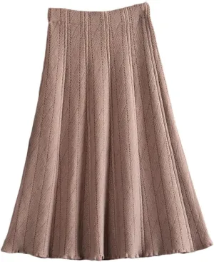 Autumn Winter Women Knitted Pleated Skirts Elegant Thick Warm A Line Long Midi Sweater Skirts