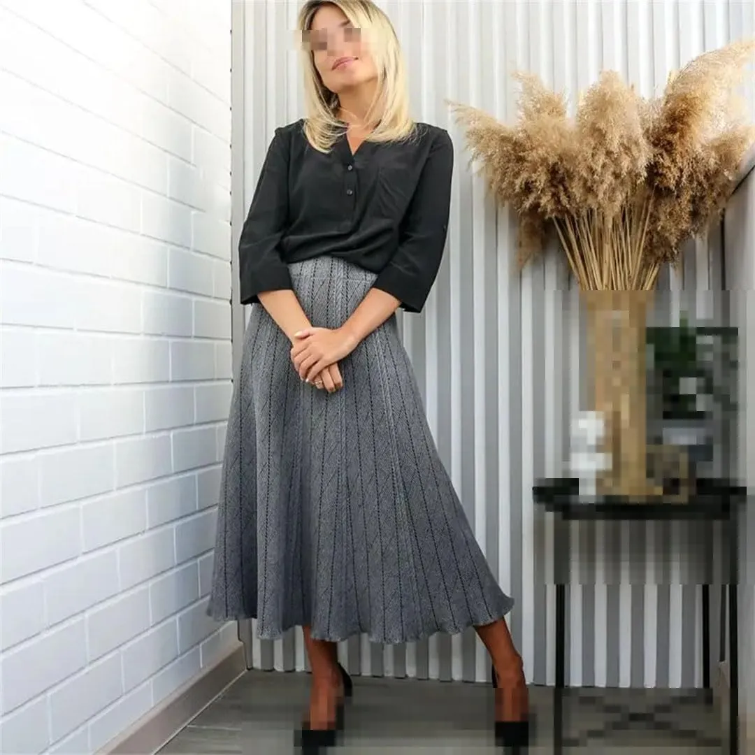 Autumn Winter Women Knitted Pleated Skirts Elegant Thick Warm A Line Long Midi Sweater Skirts